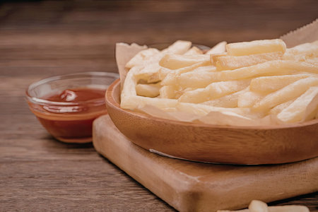 A bowl of golden french fries on a wooden board with a small glass bowl of ketchup