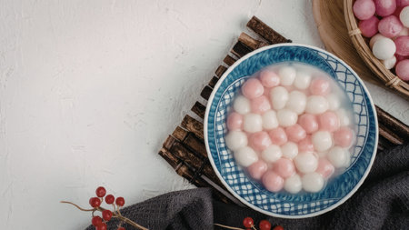 A blue and white bowl filled with pink and white tangyuan on a wooden mat, with a gray cloth and red berries nearby.の写真素材