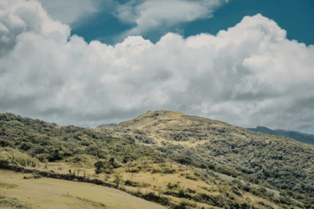 A serene landscape of a green mountain covered with lush vegetation under a partly cloudy blue sky.