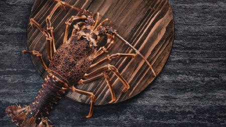 A vibrant red lobster sits on a dark wooden plate, showcasing its detailed texture and claws.の写真素材