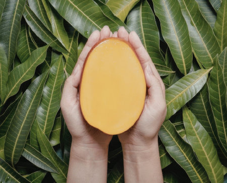 A person holding a mango in front of green leaves