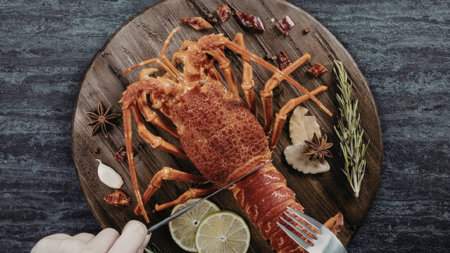 A vibrant red lobster seasoned with spices on a wooden plate with herbs and lime.