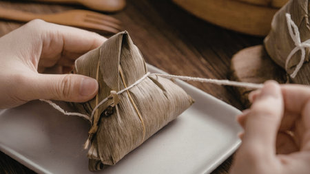 A person is tying a food package wrapped in a leaf on a white plateの写真素材