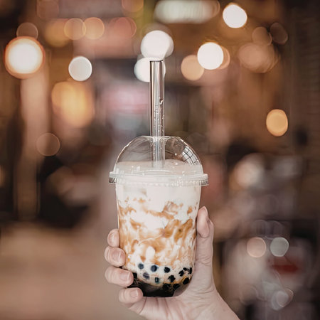 A hand holding a cup of boba tea with a blurred background of lightsの写真素材