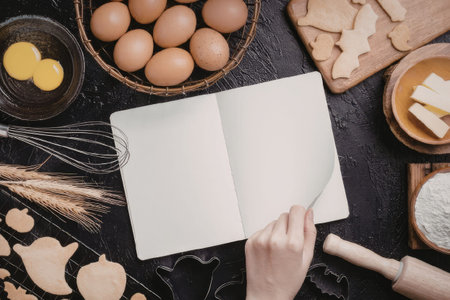 An open blank recipe book held by a hand surrounded by baking ingredients and tools on a dark...