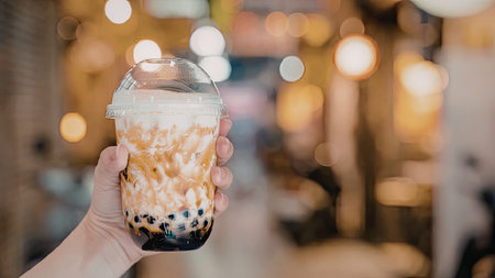 A hand holding a cup of boba tea with a blurred background of a store or restaurant