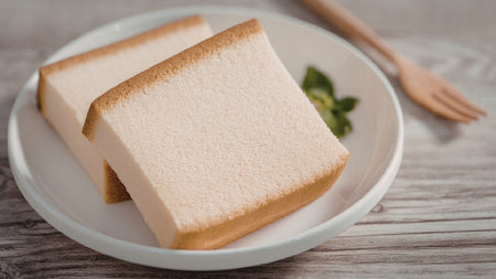 a white plate with two slices of toasted bread and a green herb on a wooden table with a wooden fork
