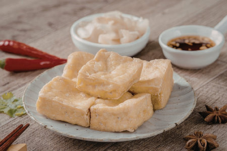 a plate of tofu with spices and sauce on a wooden table