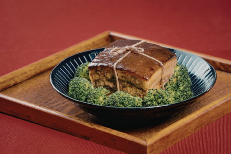 A square cut of meat on a blue plate with green vegetables on a wooden tray