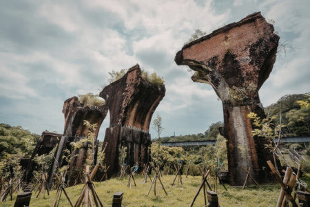 The image depicts several large, moss-covered pillars standing in a grassy field. The pillars are...