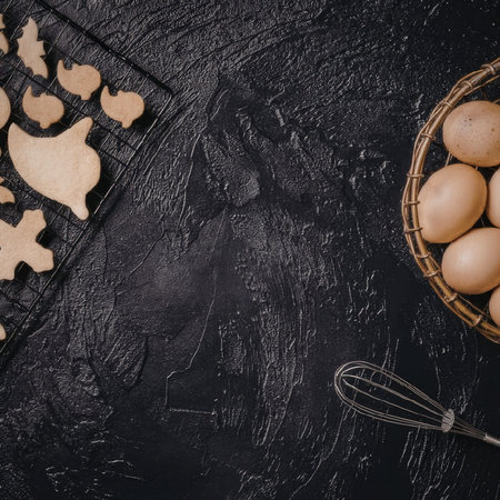 A dark surface with a basket of eggs, a whisk, and cookie cutters.