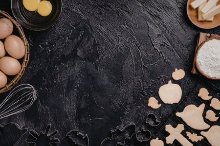 A dark background with baking ingredients including eggs, flour, butter, and cookies.