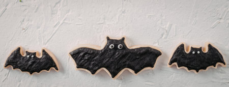 Three bat shaped cookies with black icing and white eyes on a white surface