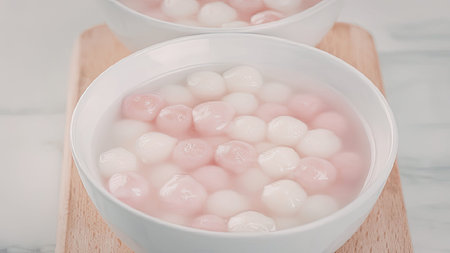 A bowl of pink and white tangyuan floating in a sweet soup, served on a wooden board