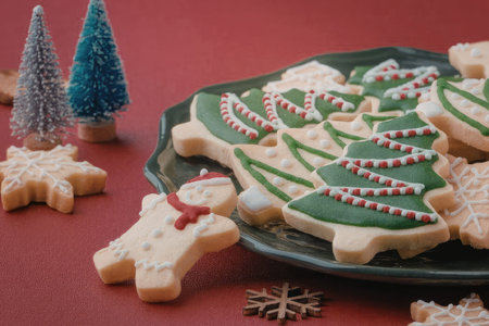 A plate of Christmas tree-shaped cookies with green icing and red and white candy decorations,...
