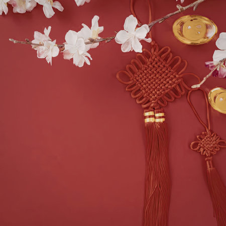 A vibrant red background with white cherry blossoms, red tassels, and golden accents, symbolizing...