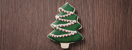 A decorated Christmas tree cookie on a wooden background
