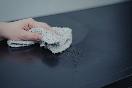 A hand holding a white cloth wiping a black surfaceの写真素材