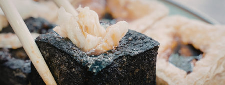 A close-up view of sushi being picked up with chopsticks, showcasing the details of the dish.の写真素材