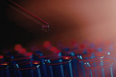 A close-up view of a row of laboratory test tubes with a pipette dropping a liquid into one of them,...