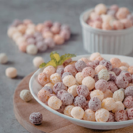 A plate of colorful candy balls with a bowl in the background