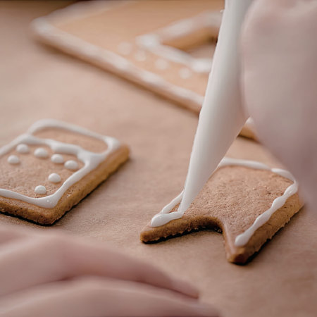 A person decorating gingerbread pieces with white icing on a brown surface.