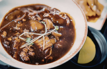 A bowl of rich, dark stew garnished with fresh herbs, served with a side of pickled ginger.