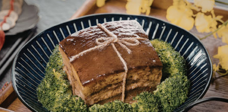 A savory dish of braised pork belly served on a bed of steamed broccoli, garnished with a decorative...