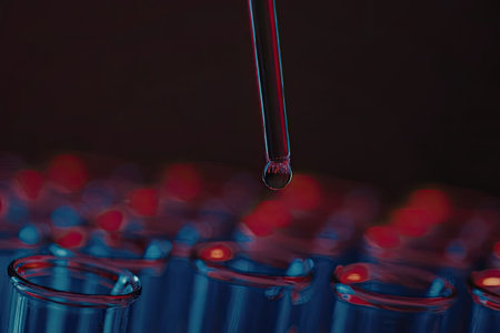 A close-up view of test tubes in a laboratory setting with a dropper adding a liquid to one of them.