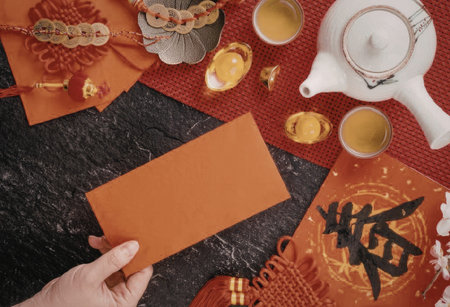 A hand holding a red envelope on a table with Chinese New Year decorations, tea, and other festive items.の写真素材