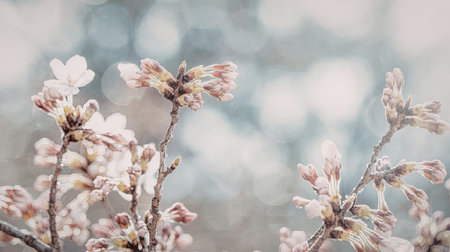 A close-up view of cherry blossom branches with pink flowers and buds against a blurred background.