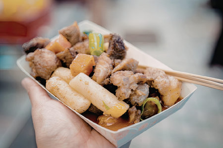 A hand holding a container of Korean-style street food with chopsticks