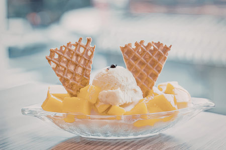 A sweet and refreshing dessert featuring a scoop of creamy ice cream, fresh mango chunks, and crispy...