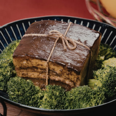 A savory dish tied with twine and served with steamed broccoli in a decorative bowl.