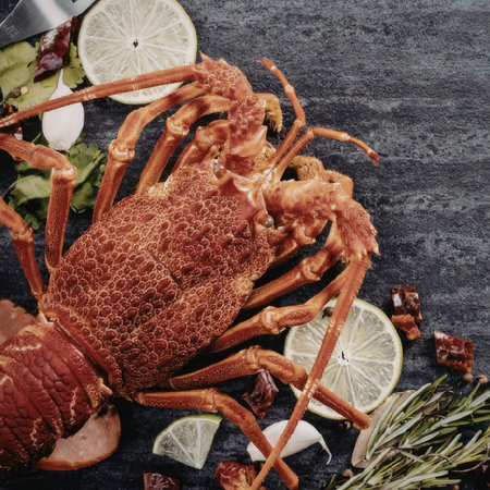 A vibrant red lobster seasoned and placed on a dark surface with fresh herbs, lime slices, and...