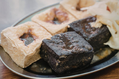 A plate of square shaped food, possibly a type of dessert or snack, with a brown color and a shiny...