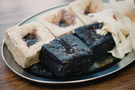 A plate of square shaped foods, including what appears to be tofu and a dark square food, possibly a...