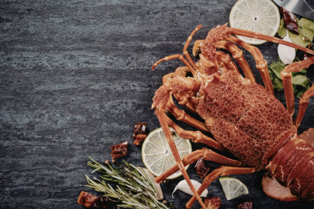 A whole lobster surrounded by herbs and spices on a dark surfaceの写真素材