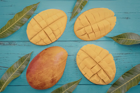 A vibrant display of fresh mango slices and a whole mango surrounded by green leaves on a blue wooden surface.の写真素材
