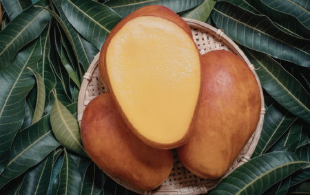 A vibrant and appetizing display of fresh mangoes on a woven plate, surrounded by lush green leaves.