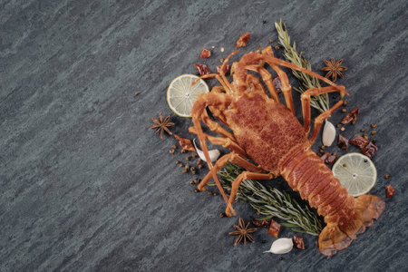 A vibrant red lobster surrounded by fresh herbs, lemon slices, and spices on a dark slate background.の写真素材