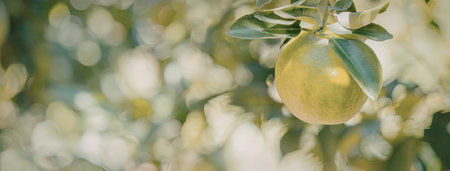 A close-up photo of a green apple hanging from a tree branch with blurred leaves in the background.