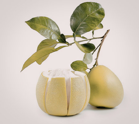 Two green pomelo fruits, one cut open, with leaves on a branch against a white background.