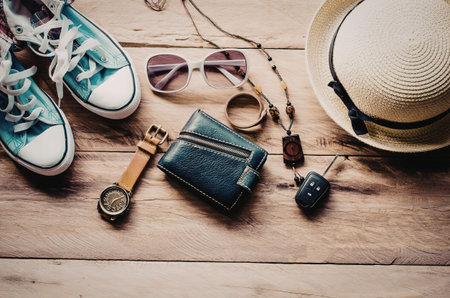 A collection of summer vacation essentials including shoes, sunglasses, a wallet, watch, necklace,...