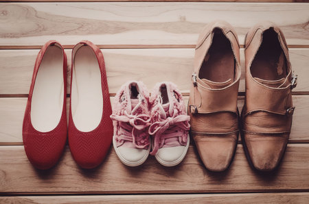 Three pairs of shoes are lined up on a wooden floor, including red flats, pink sneakers, and brown...