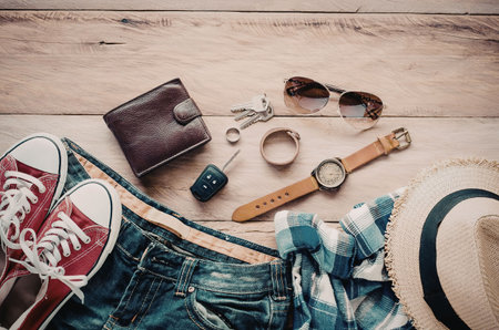 A collection of summer vacation essentials including clothing and accessoriesの写真素材
