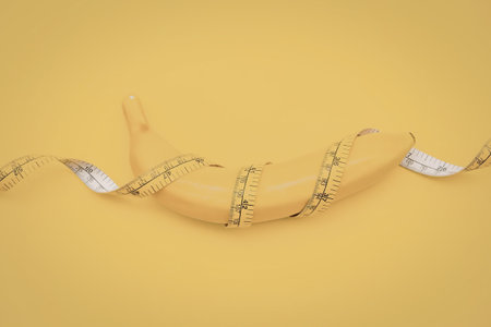 A bright yellow banana wrapped with a measuring tape on a solid yellow background, emphasizing...