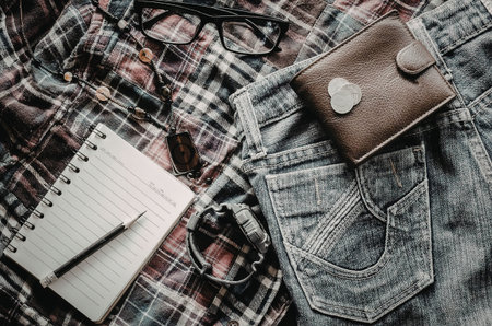 A selection of casual clothing and accessories including jeans, a plaid shirt, a leather belt, a...