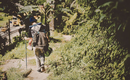 A hiker with a backpack and trekking poles walks on a dirt trail surrounded by lush greenery and...