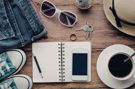 A collection of everyday items for a morning routine, including a notebook, phone, coffee, and...
